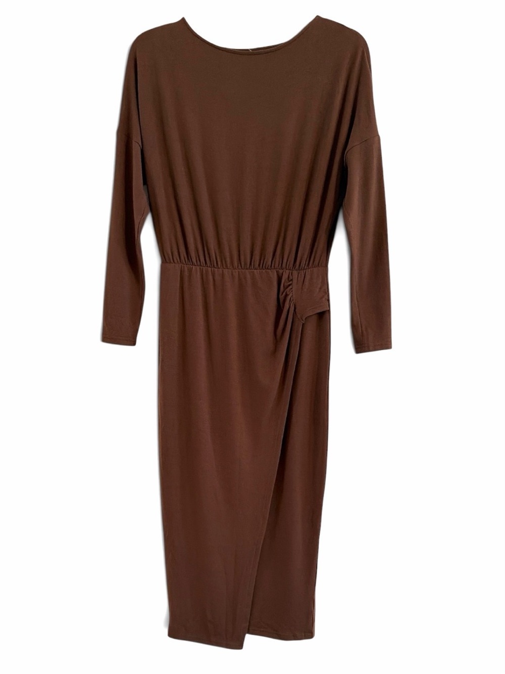 Lulus Eunia Espresso Jersey Knit Long Sleeve Wrap Maxi Dress Size L